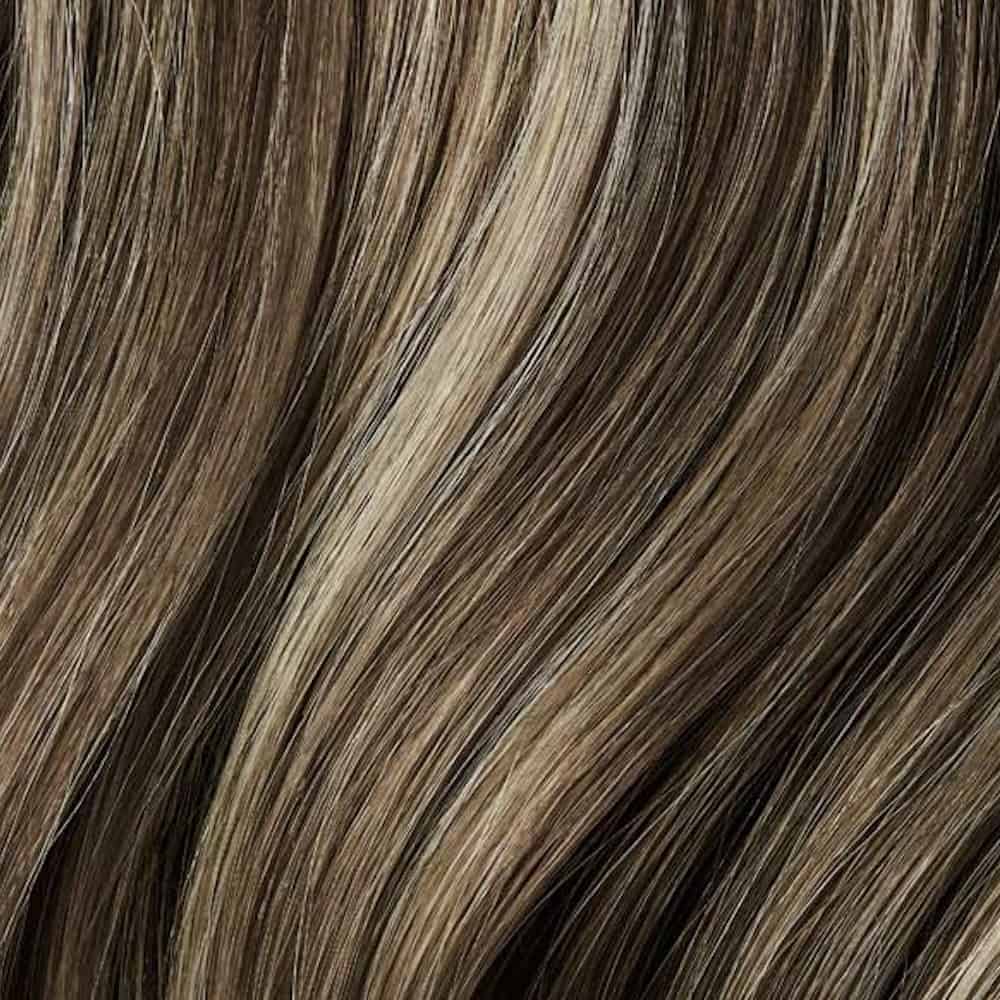 color castaño con mechas platino extensiones adhesivas invisibles 4k de cabello injertado imitando la piel del cuero cabelludo